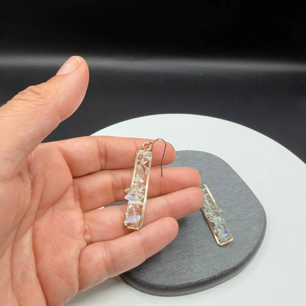 Gold Tone Clear Crystal Iridescent Chip Bar Drop Earrings Boho Statement Gift